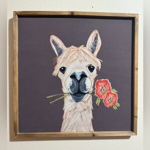 Llama Canvas Wall Art with Coral Orange Flowers
